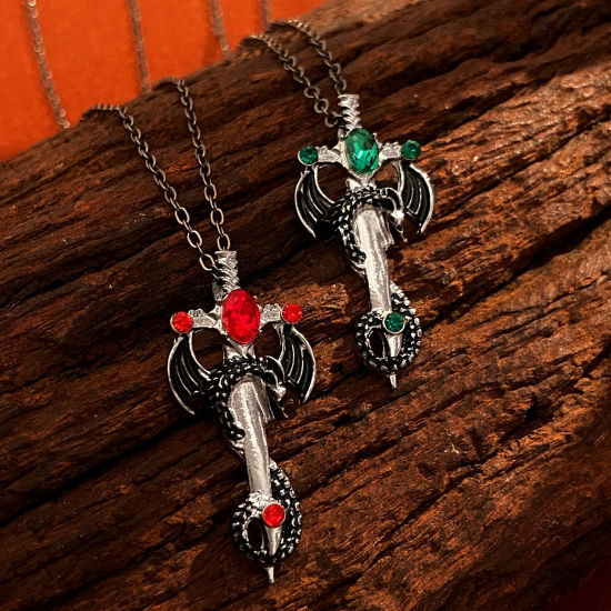 Picture of Gothic Pendant Necklace Antique Silver Color Cross Dragon Multicolor Rhinestone
