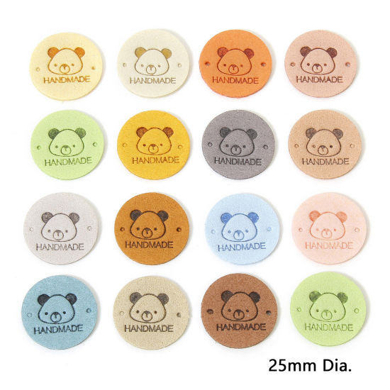 Picture of TPU Label Tag For Clothing Round Multicolor Bear Pattern " Hand Made " 25mm