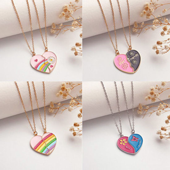 Picture of Best Friends Pendant Necklace Multicolor Broken Heart Flower Message " BEST FRIENDS " Enamel