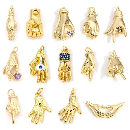 Brass Charms 14K Real Gold Plated Hand Sign Gesture 3D