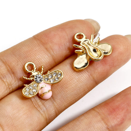 Picture of Zinc Based Alloy Insect Charms Gold Plated Multicolor Bee Animal Enamel Clear Rhinestone 17mm x 16mm