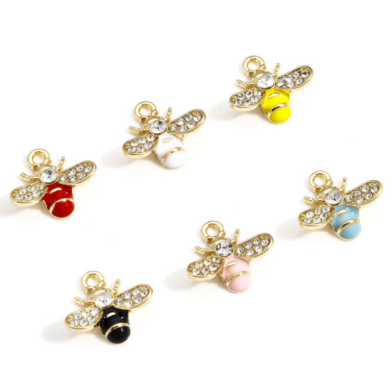 Picture of Zinc Based Alloy Insect Charms Gold Plated Multicolor Bee Animal Enamel Clear Rhinestone 17mm x 16mm