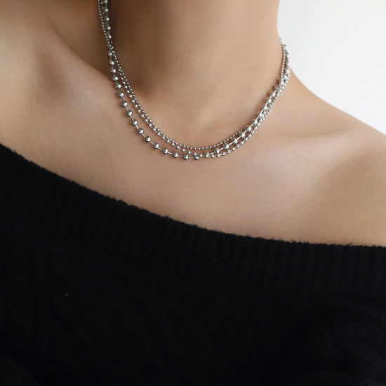 Imagen de 1 Unidad Enchapado al Vacío Ecológico Retro Sencillo Oro Real Chapado 304 Acero Inoxidable Cadenas Bola Collar Múltiples Capas Para Mujeres Fiesta