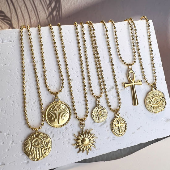 Picture of Eco-friendly Stylish Religious 18K Gold Plated 304 Stainless Steel Ball Chain Coin Evil Eye Pendant Necklace Unisex Party