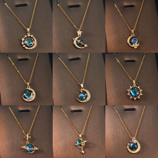 Immagine di 1 Pz Ecologico Semplice & Casual Galassia Placcato Oro 18K Acciaio Inossidabile 304 & Rame Cavo Catena Pianeta Collana con Ciondolo Per Donne Festa