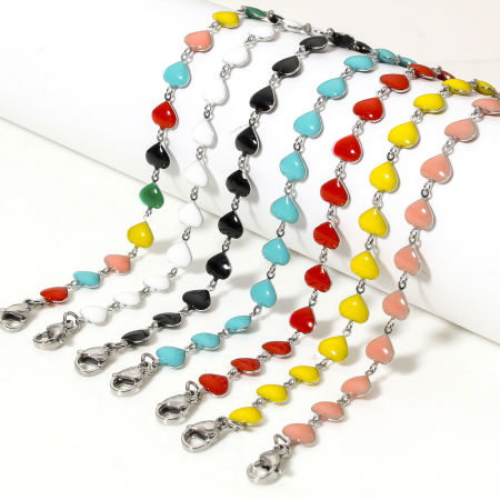1 Unidad 304 Acero Inoxidable día de San Valentín Cadena de Eslabones Hechos a Mano Collares Corazón Tono de Plata Esmalte de Doble Cara 45cm longitud, Cadena: 7mm