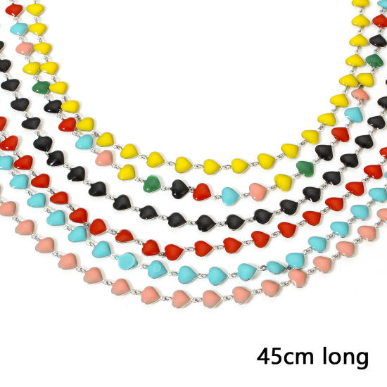 Picture of 304 Stainless Steel Valentine's Day Handmade Link Chain Necklace For DIY Jewelry Making Heart Silver Tone Double-sided Enamel 45cm(17 6/8") long, Chain Size: 7mm
