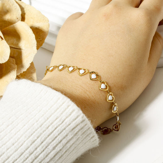 Picture of 304 Stainless Steel Handmade Link Chain Bracelets 18K Gold Color Heart Double-sided Enamel 17cm(6 6/8") long
