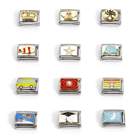 Picture of 304 Stainless Steel Italian Charm Links For DIY Bracelet Jewelry Making Silver Tone Rectangle 10mm x 9mm