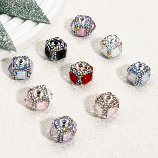 Picture of Polymer Clay Beads For DIY Charm Jewelry Making Cube Multicolor Rhinestone About 22mm x 18mm