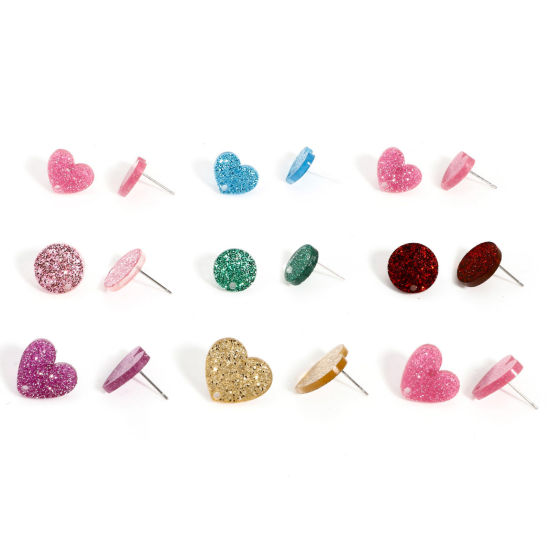 Picture of Acrylic Valentine's Day Ear Post Stud Earring With Loop Connector Accessories Findings Heart Multicolor Glitter