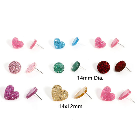 Picture of Acrylic Valentine's Day Ear Post Stud Earring With Loop Connector Accessories Findings Heart Multicolor Glitter