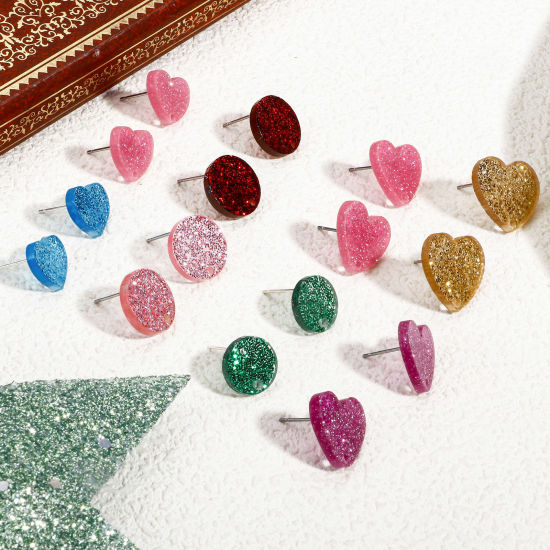 Picture of Acrylic Valentine's Day Ear Post Stud Earring With Loop Connector Accessories Findings Heart Multicolor Glitter