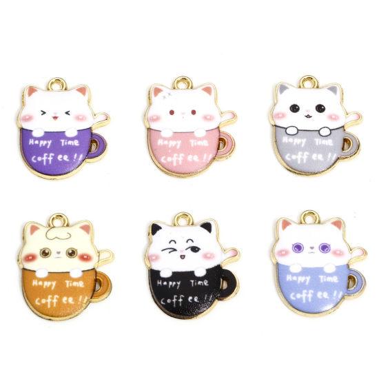 Picture of Zinc Based Alloy Charms Gold Plated Multicolor Cup Cat Enamel 23mm x 19mm