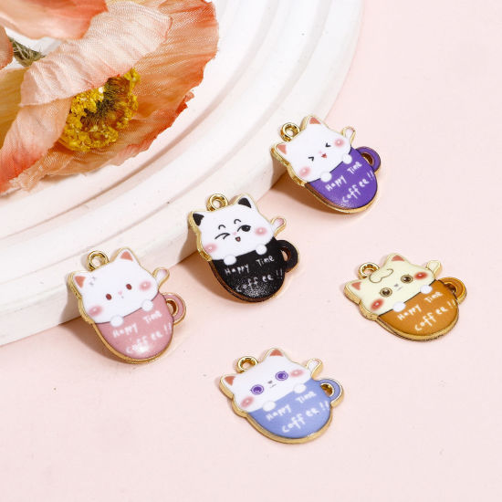 Picture of Zinc Based Alloy Charms Gold Plated Multicolor Cup Cat Enamel 23mm x 19mm