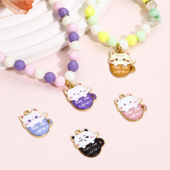 Picture of Zinc Based Alloy Charms Gold Plated Multicolor Cup Cat Enamel 23mm x 19mm