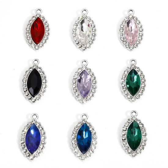 Picture of Zinc Based Alloy Charms Silver Tone Multicolor Marquise With Glass Cabochons Clear Rhinestone 25mm x 13mm