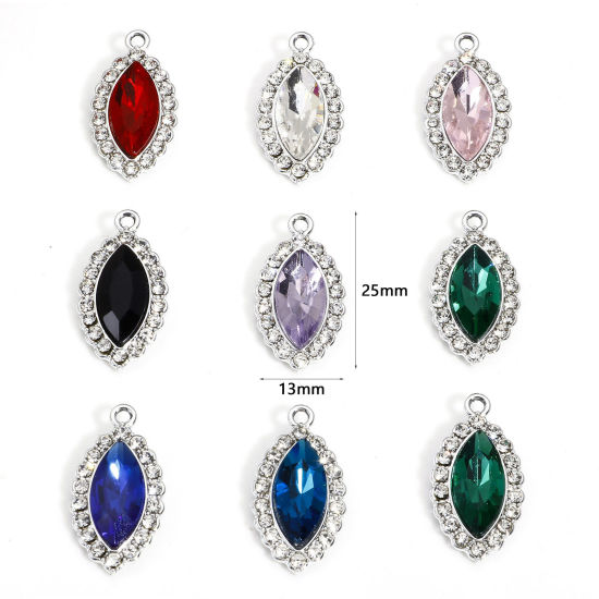 Picture of Zinc Based Alloy Charms Silver Tone Multicolor Marquise With Glass Cabochons Clear Rhinestone 25mm x 13mm