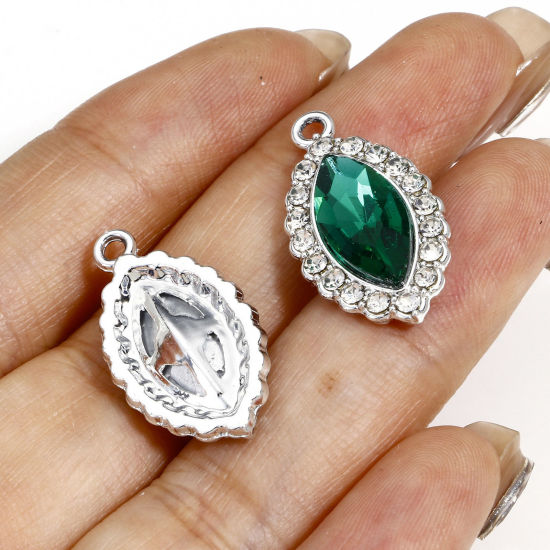 Picture of Zinc Based Alloy Charms Silver Tone Multicolor Marquise With Glass Cabochons Clear Rhinestone 25mm x 13mm