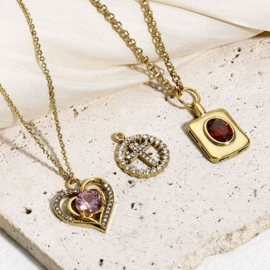 Immagine di 1 Pz 304 Acciaio Inossidabile Squisito Charms Cuore Oro Placcato Tondo Micro Spianare Trasparente Strass Rosa Cubic Zirconiae