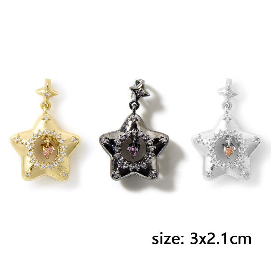Immagine di 1 Pz Ottone Micro Intarsio Ciondoli Stella a Cinque Punte Multicolore Cuore Filigrana Trasparente Cubic Zirconiae 3cm x 2.1cm