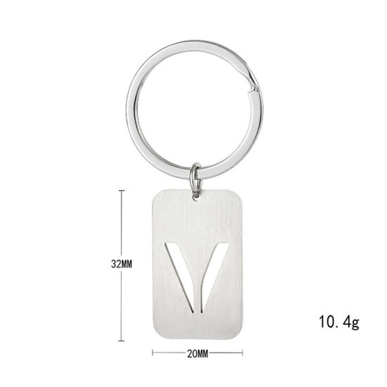 Picture of 201 Stainless Steel Graduation Keychain & Keyring Silver Tone Rectangle Initial Alphabet/ Capital Letter Message " A-Z " Hollow Drawbench
