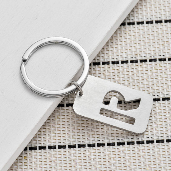 Picture of 201 Stainless Steel Graduation Keychain & Keyring Silver Tone Rectangle Initial Alphabet/ Capital Letter Message " A-Z " Hollow Drawbench