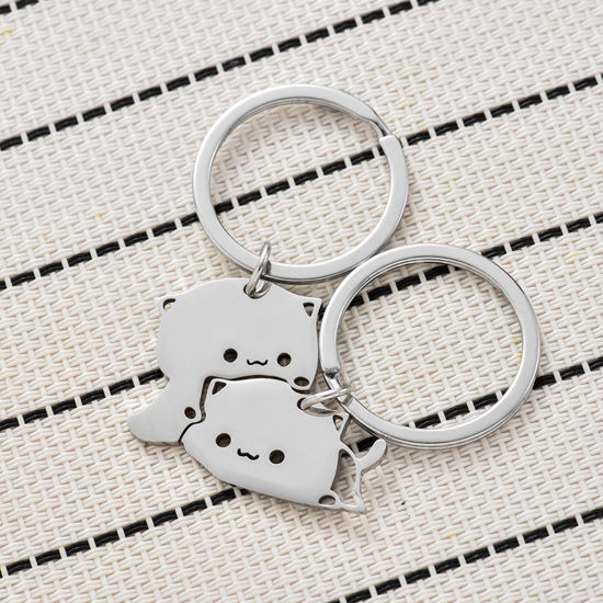 Picture of 201 Stainless Steel Cute Keychain & Keyring Silver Tone Cat Animal Dog