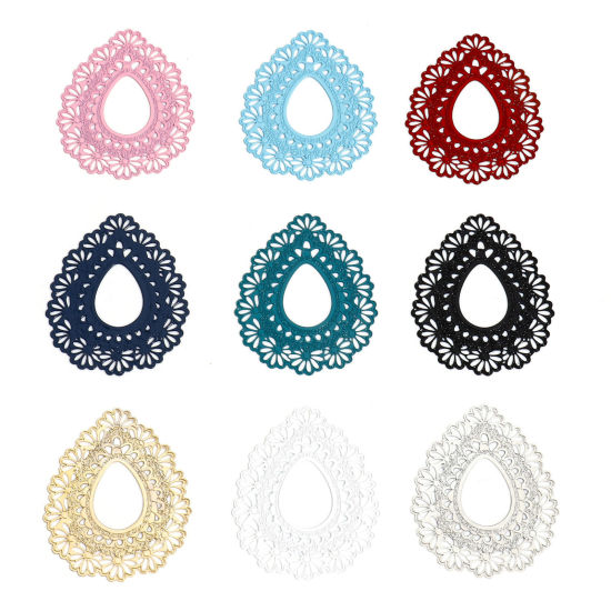 Image de 10 Pcs Pendentifs Estampe en Filigrane en Alliage de Fer Multicolore Goutte d'Eau Fleurs Creux 4.3cm x 3.6cm