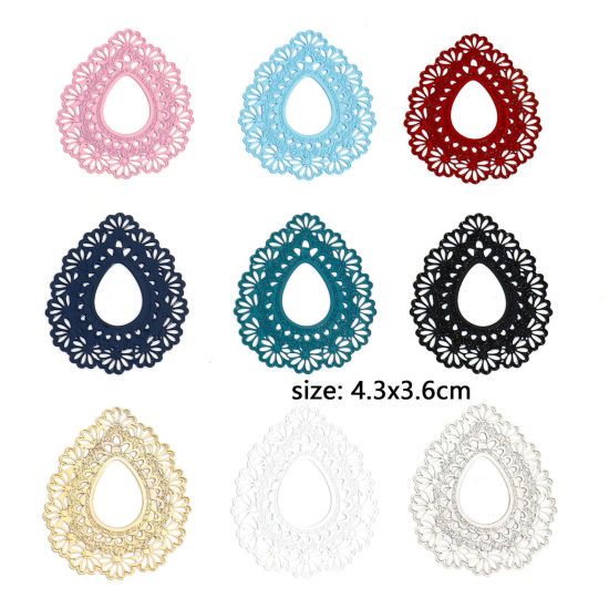 Image de 10 Pcs Pendentifs Estampe en Filigrane en Alliage de Fer Multicolore Goutte d'Eau Fleurs Creux 4.3cm x 3.6cm