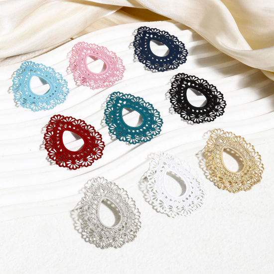 Image de 10 Pcs Pendentifs Estampe en Filigrane en Alliage de Fer Multicolore Goutte d'Eau Fleurs Creux 4.3cm x 3.6cm