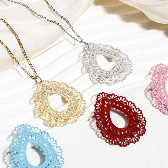Image de 10 Pcs Pendentifs Estampe en Filigrane en Alliage de Fer Multicolore Goutte d'Eau Fleurs Creux 4.3cm x 3.6cm