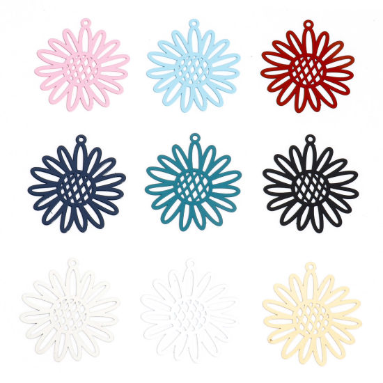 Image de 10 Pcs Pendentifs Estampe en Filigrane en Alliage de Fer Multicolore Tournesol Creux 3.4cm x 3.1cm