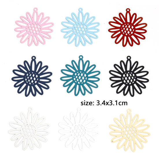 Image de 10 Pcs Pendentifs Estampe en Filigrane en Alliage de Fer Multicolore Tournesol Creux 3.4cm x 3.1cm