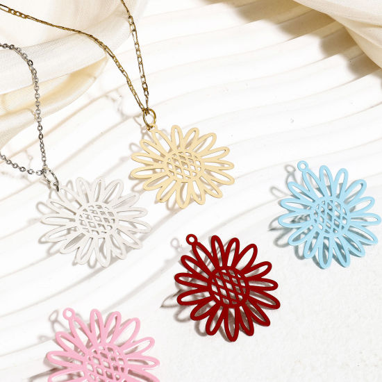 Image de 10 Pcs Pendentifs Estampe en Filigrane en Alliage de Fer Multicolore Tournesol Creux 3.4cm x 3.1cm