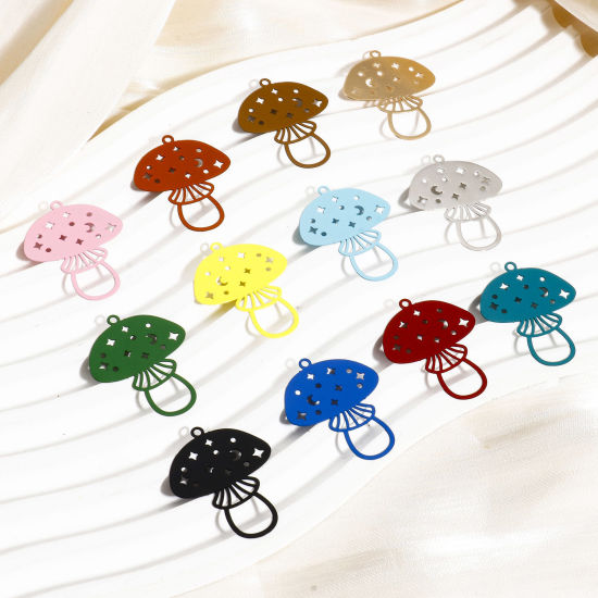 Picture of Iron Based Alloy Painted Filigree Stamping Pendants Multicolor Mushroom Star Hollow 3.1cm x 2.5cm