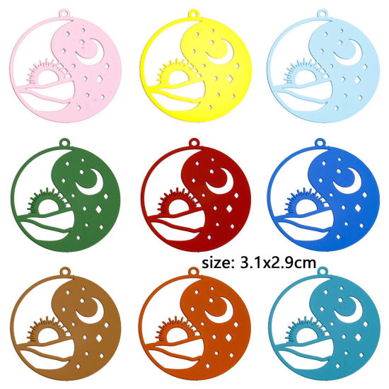 Image de 10 Pcs Pendentifs Estampe en Filigrane en Alliage de Fer Multicolore Soleil Lune Creux 3.1cm x 2.9cm