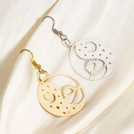 Image de 10 Pcs Pendentifs Estampe en Filigrane en Alliage de Fer Multicolore Soleil Lune Creux 3.1cm x 2.9cm