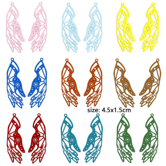 Immagine di 20 Pz Lega di Ferro Filigree Stamping Ciondoli Multicolore Mani Filigrana 4.5cm x 1.5cm