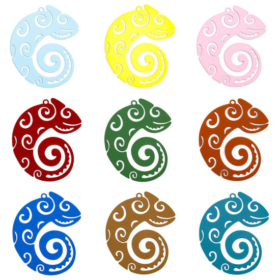 Image de 10 Pcs Pendentifs Estampe en Filigrane en Alliage de Fer Multicolore Caméléon Conque Creux 4cm x 3.1cm