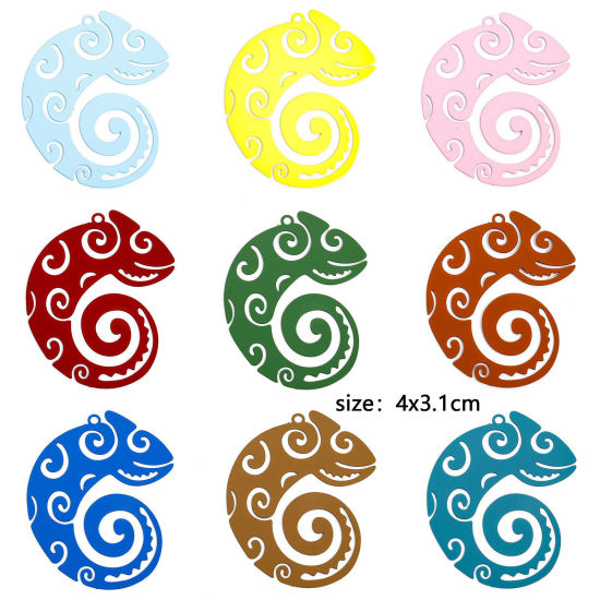 Image de 10 Pcs Pendentifs Estampe en Filigrane en Alliage de Fer Multicolore Caméléon Conque Creux 4cm x 3.1cm