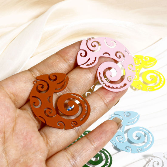 Image de 10 Pcs Pendentifs Estampe en Filigrane en Alliage de Fer Multicolore Caméléon Conque Creux 4cm x 3.1cm