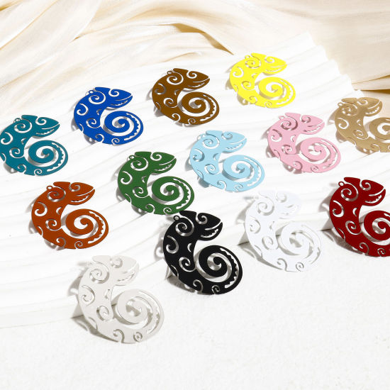 Image de 10 Pcs Pendentifs Estampe en Filigrane en Alliage de Fer Multicolore Caméléon Conque Creux 4cm x 3.1cm