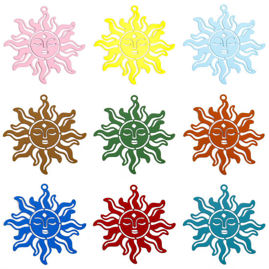 Image de 10 Pcs Pendentifs Estampe en Filigrane en Alliage de Fer Multicolore Soleil Creux 3.7cm x 3.6cm