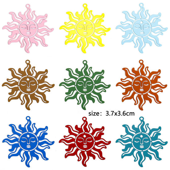 Image de 10 Pcs Pendentifs Estampe en Filigrane en Alliage de Fer Multicolore Soleil Creux 3.7cm x 3.6cm