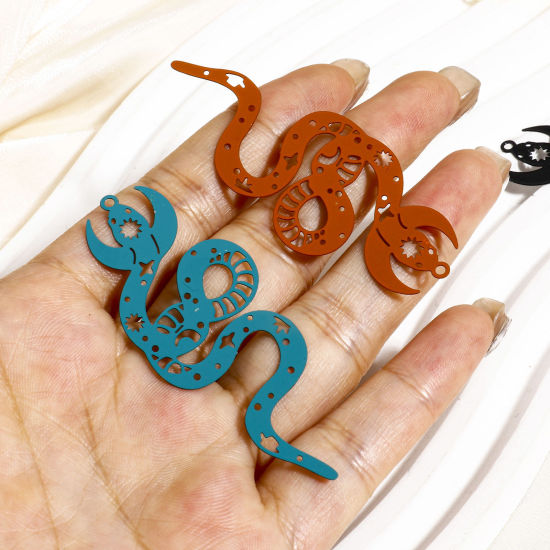 Picture of Iron Based Alloy Painted Filigree Stamping Pendants Multicolor Half Moon Snake Hollow 6.3cm x 2.4cm