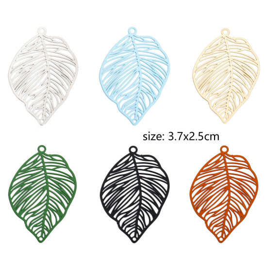 Picture of Iron Based Alloy Painted Filigree Stamping Connectors Charms Pendants Multicolor Leaf Hollow 3.7cm x 2.5cm