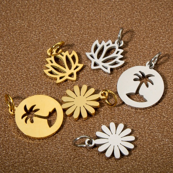 Picture of Eco-friendly 304 Stainless Steel Pastoral Style Charms Multicolor Lotus Flower Hollow