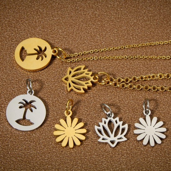 Picture of Eco-friendly 304 Stainless Steel Pastoral Style Charms Multicolor Lotus Flower Hollow