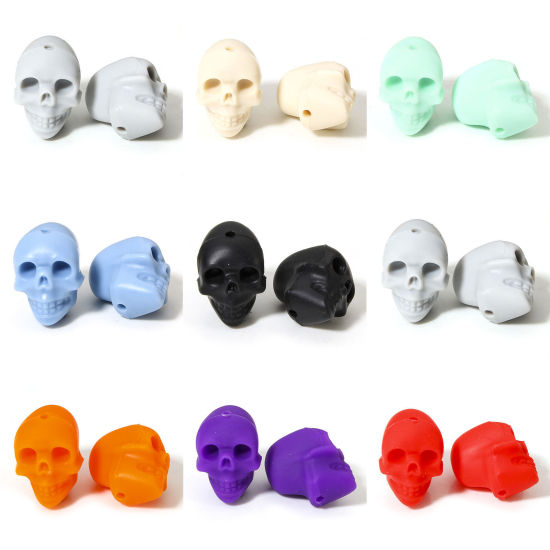 Picture of Silicone Halloween Beads For DIY Jewelry Making Skeleton Skull Multicolor 3D About 21mm x 16.5mm